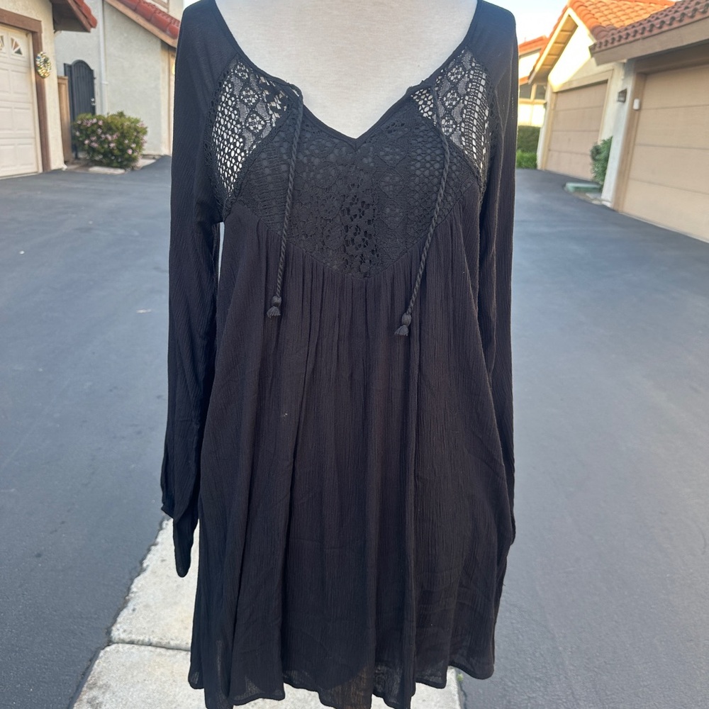Black Lace Detail Long Sleeve Top